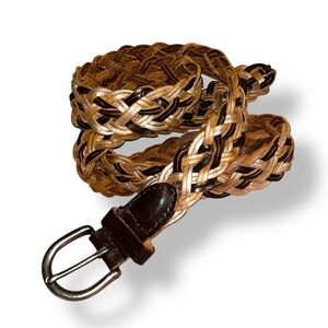 American Eagle Woven Leather Braided Belt Brown brushed silver metallic